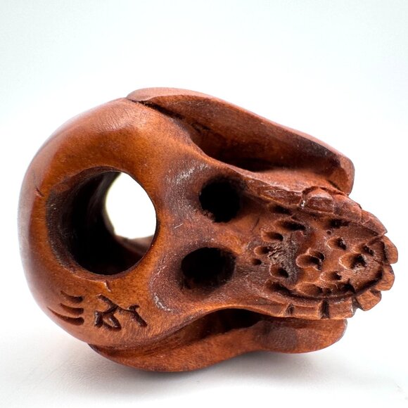 Ojime Bead Netsuke Skull Hand-Carved Boxwood Signed Figurine - Picture 5 of 8